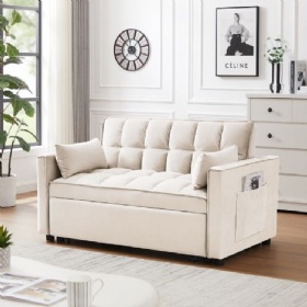 Modern Velvet Loveseat Futon Sofa Couch Pull Out Bed Love Seat Lounge Sofa Reclining Backrest 3 in 1 Convertible Sofa Bed